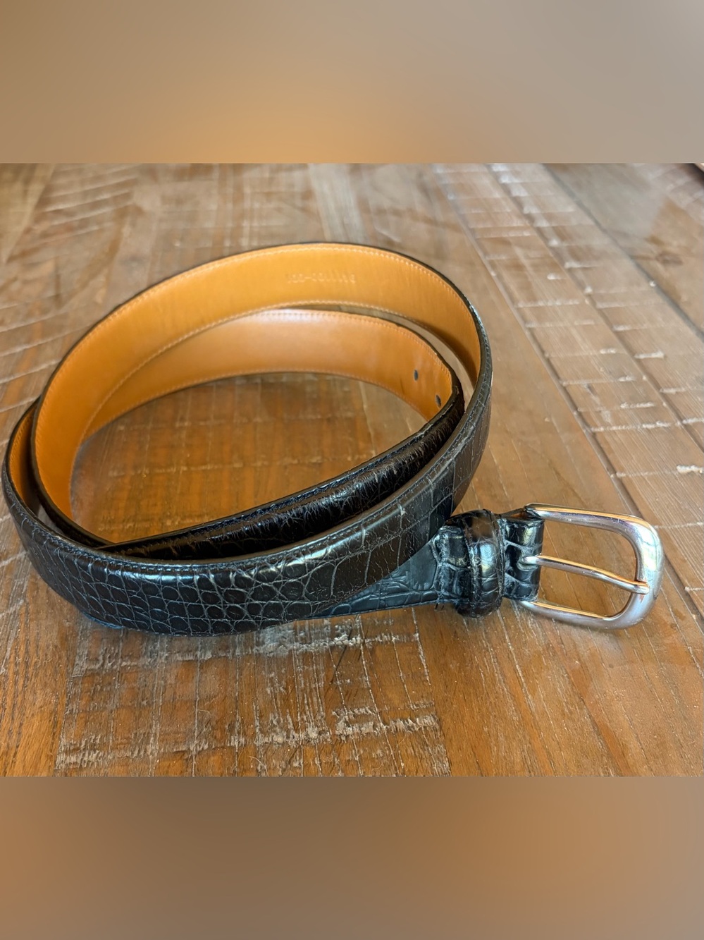 Ralph Lauren Black Croc-Embossed Leather Belt with Silver Buckle